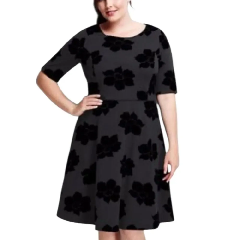 Lands' End Black Floral Fit & Flare Mini Dress 3/4 Sleeves Plus Size 1X - Picture 1 of 5